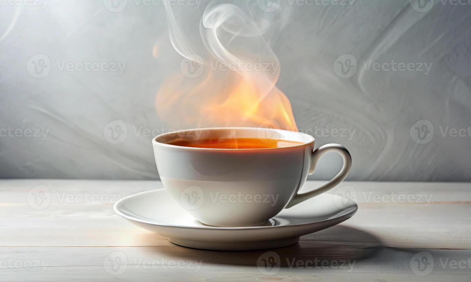 A white porcelain cup with hot tea stands on a minimalistic light background photo