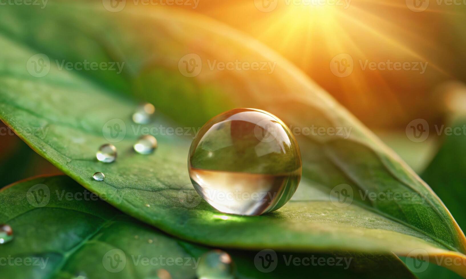 Large water drop on a green leaf in sunlight photo