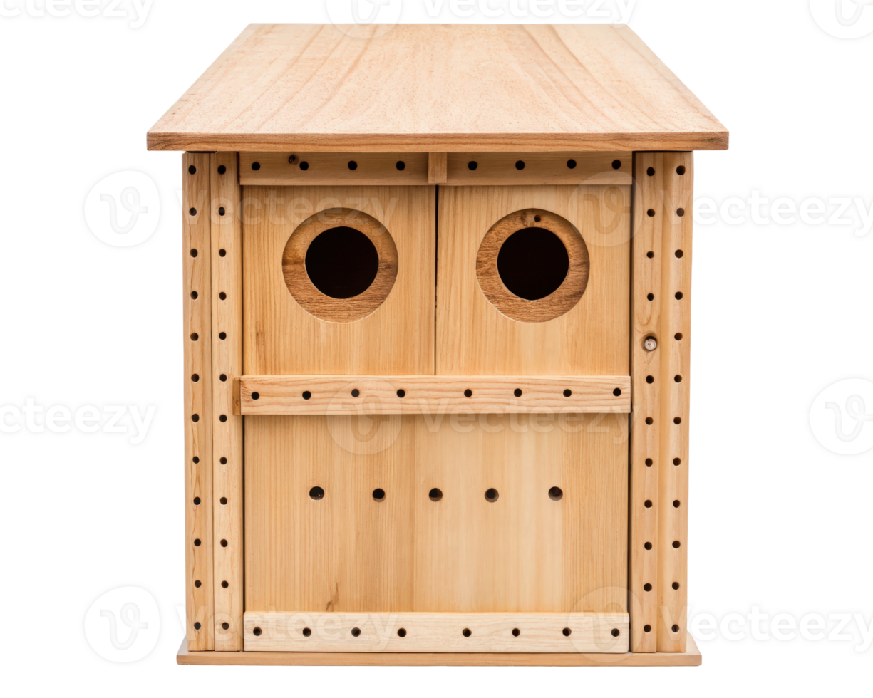 Wooden birdhouse with dual entry holes on a transparent background png