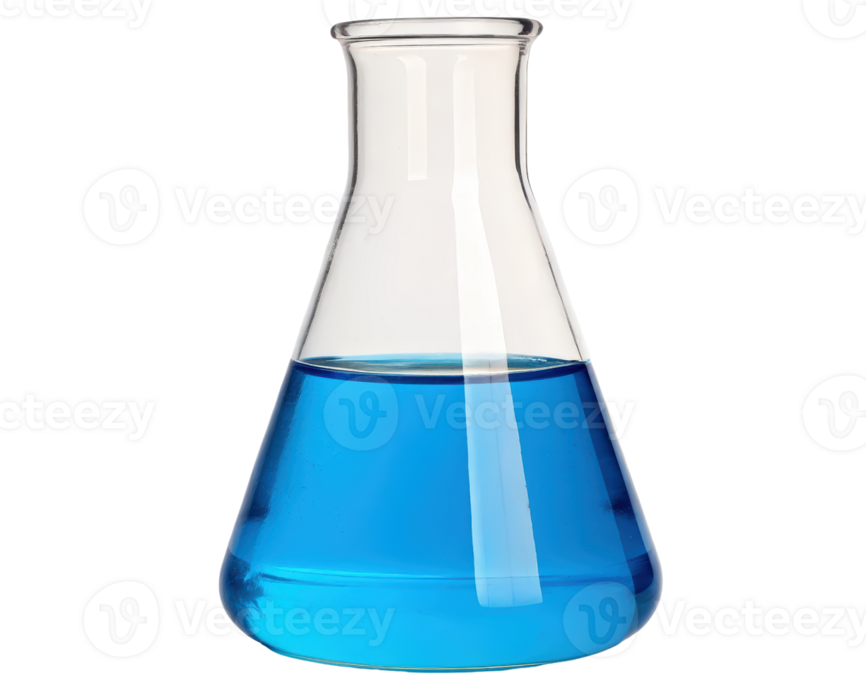 Laboratory flask filled with vibrant blue liquid solution on a transparent background png