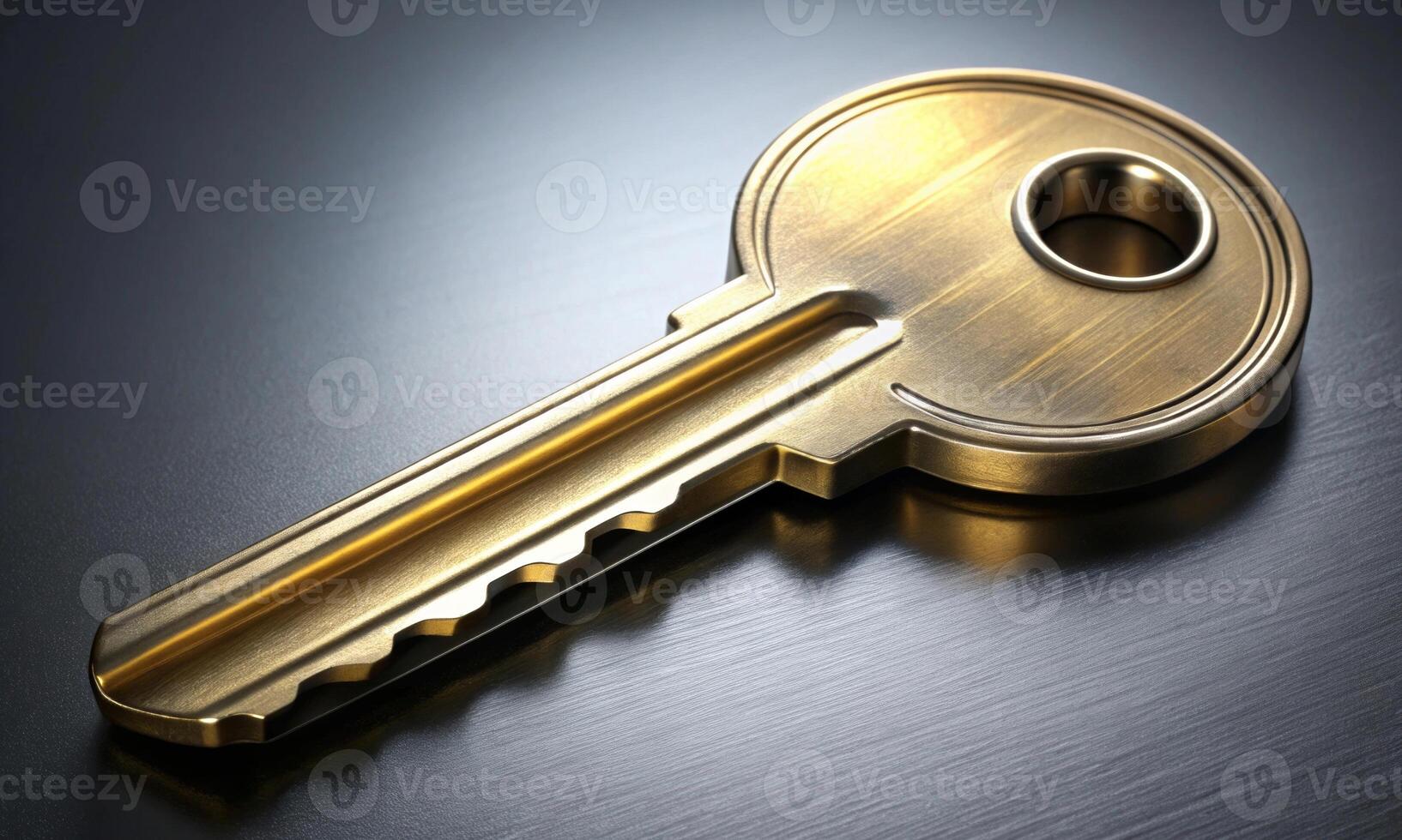 Close-up of a golden metal key lying on a dark gray surface photo