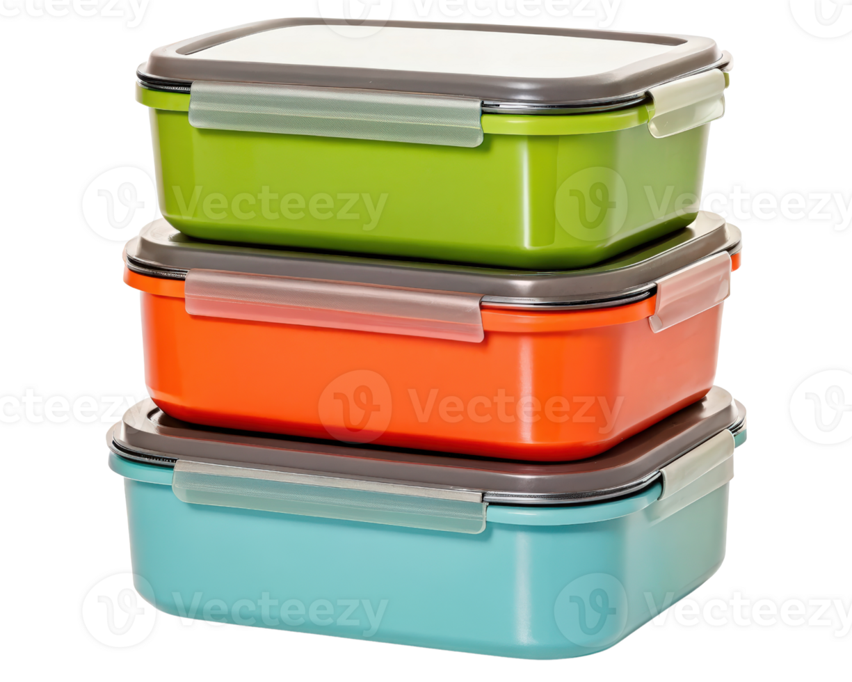 Colorful food storage containers for organized kitchen use on a transparent background png