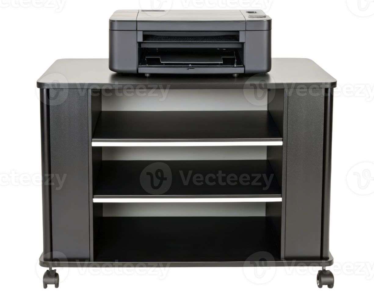 The printer placed on a black rolling cart with shelves on a transparent background png