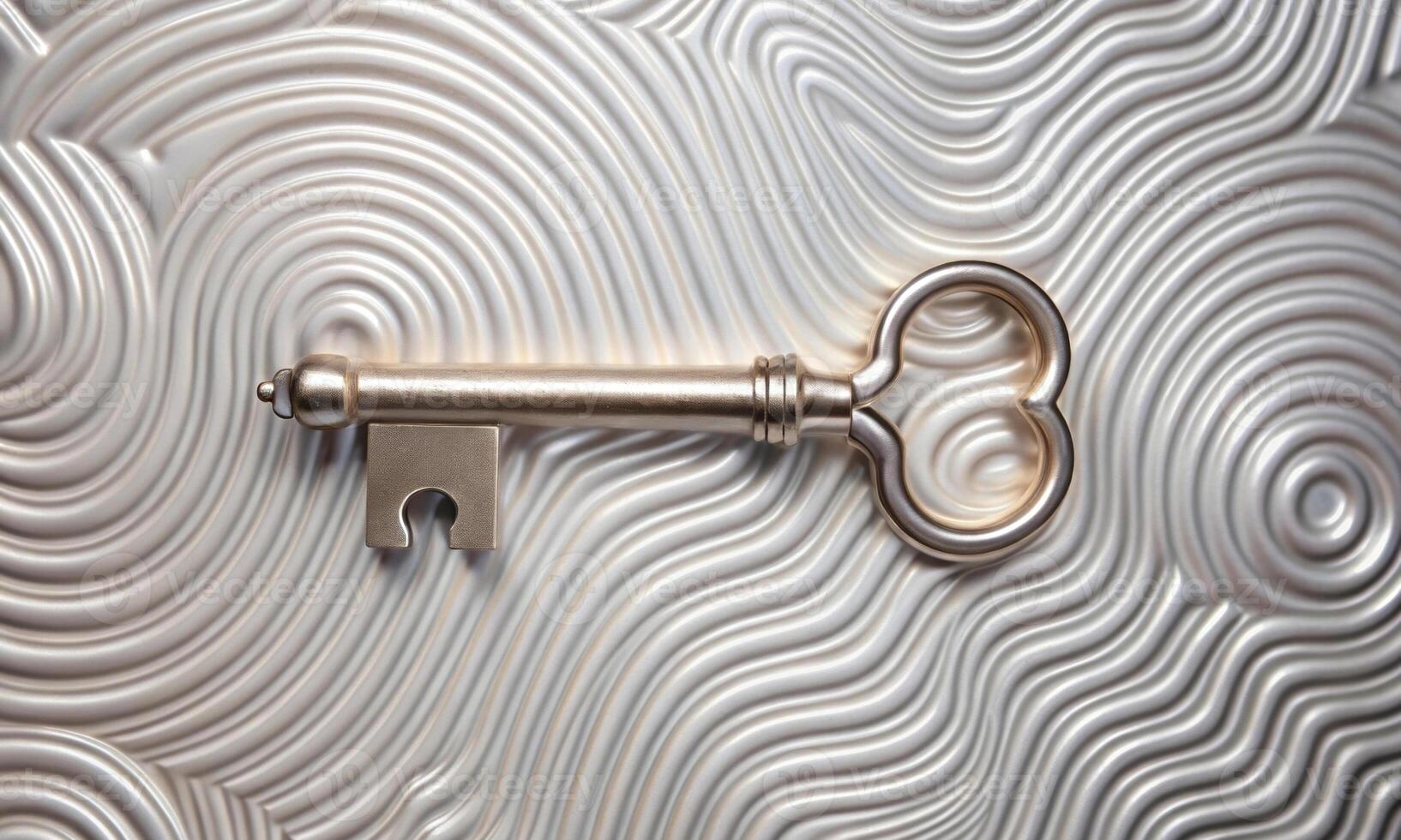 Metal decorative key on a relief surface with a wavy pattern photo
