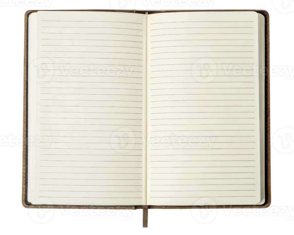 Open a notebook with blank lined pages for writing notes on a transparent background png