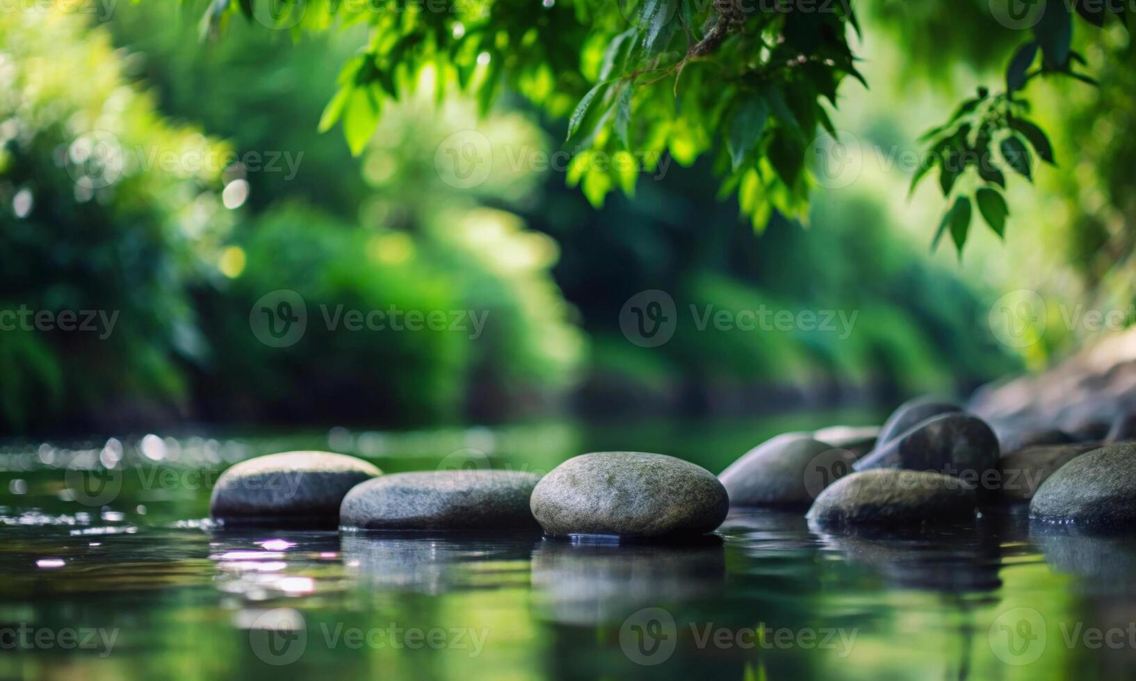 Tranquility in every bend of the water. river, leaves and smooth stones photo
