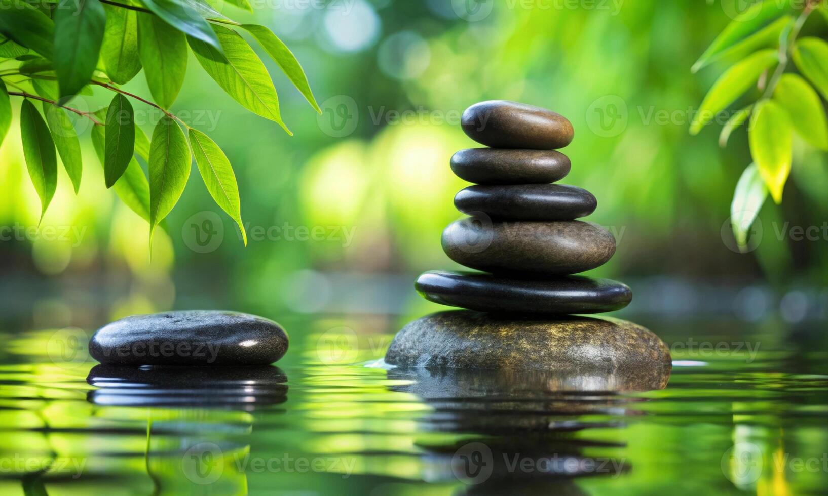 Water and stone. eternal union under the shadow of green leaves photo