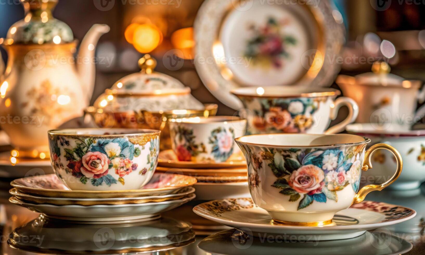 Beautiful porcelain tableware set with floral motifs on the table photo