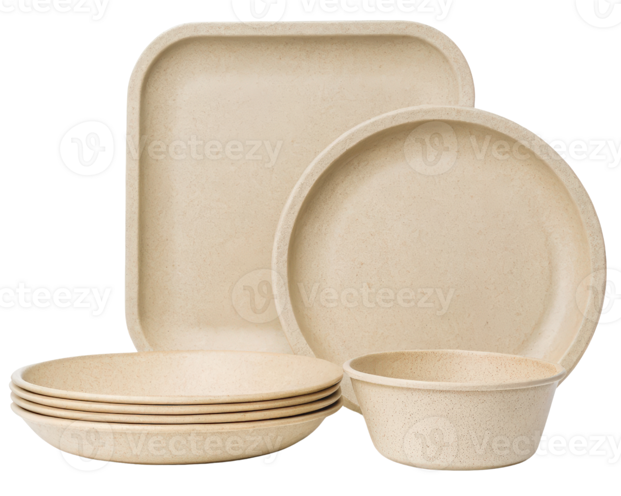 Set of eco-friendly plates and bowls for dining on a transparent background png