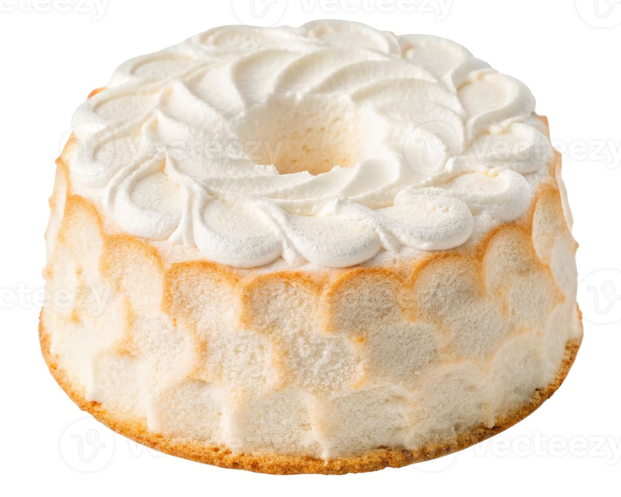 Fluffy angel food cake topped with whipped cream frosting on a transparent background png