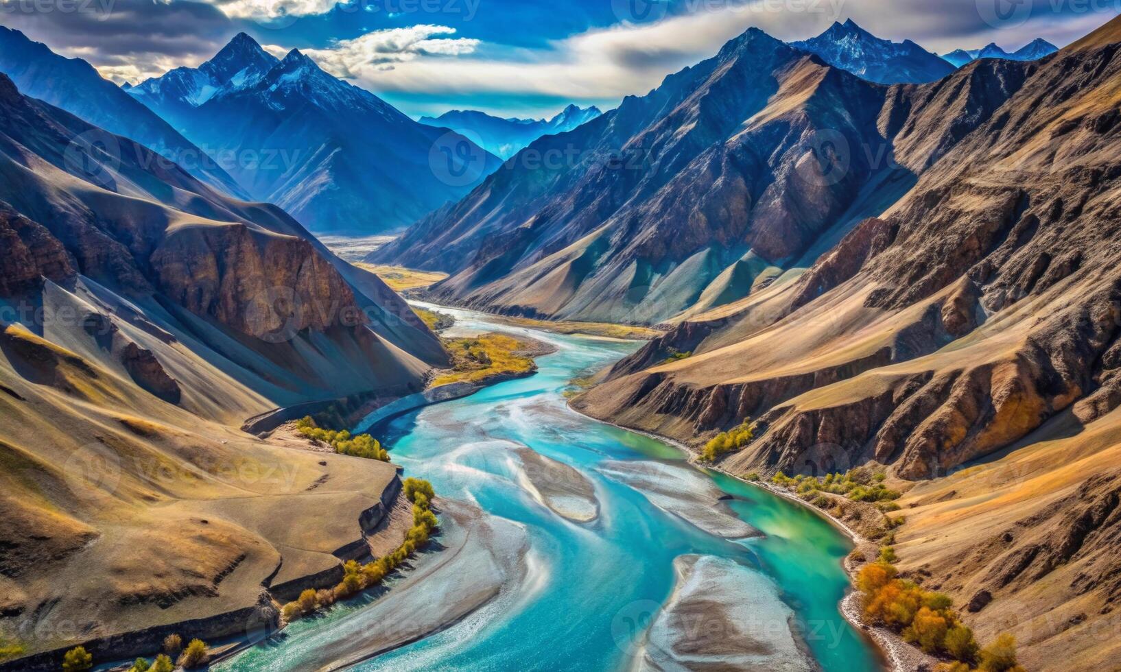 View from the height of the river breaking through the stone walls of the canyon photo