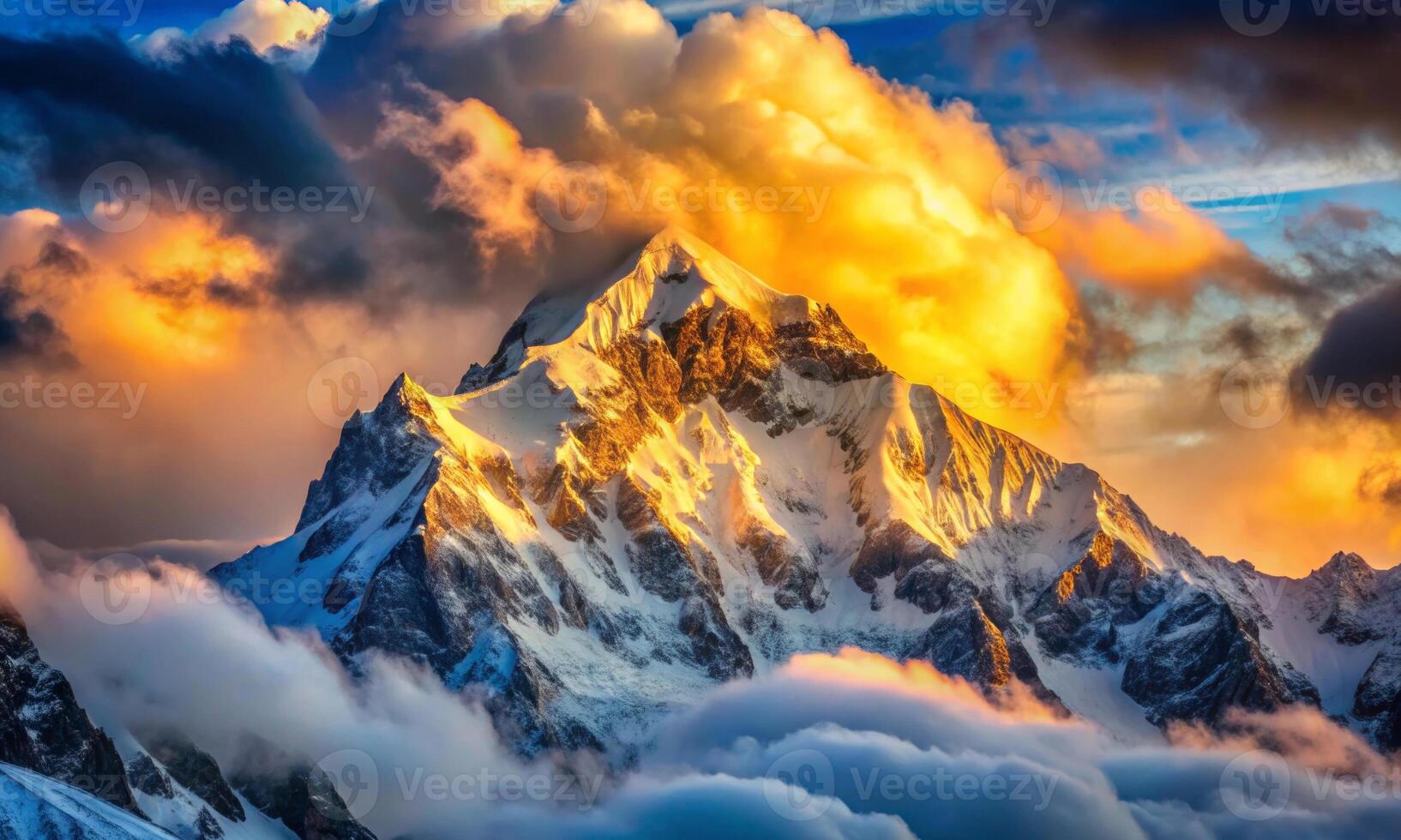 Dance of light and shadow. sunset rays glide over snow-capped peaks photo