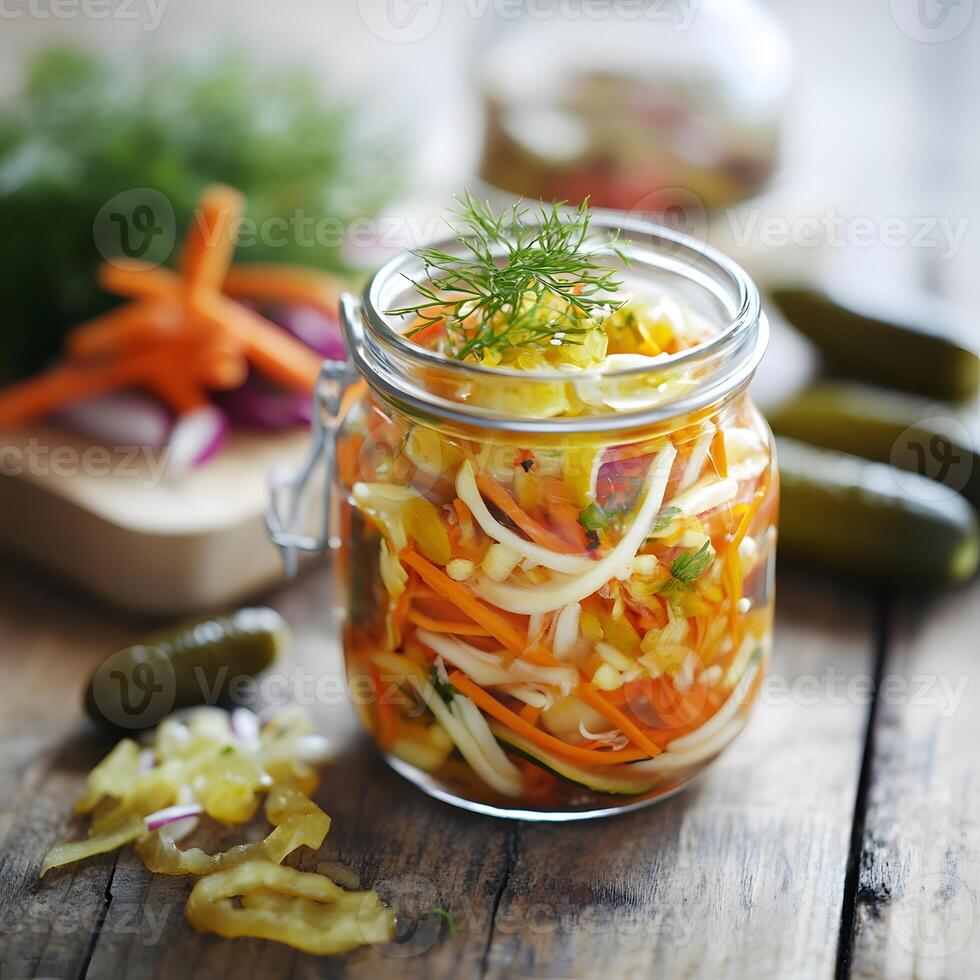 Homemade pickled vegetables in glass jar on a wooden board. Fermintation concept. photo