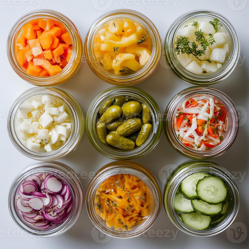 A variety of pickled vegetables flat lay in glass jars on a white background, top view. Homemade pickled vegetables in a glass jar. Fermintation concept. photo