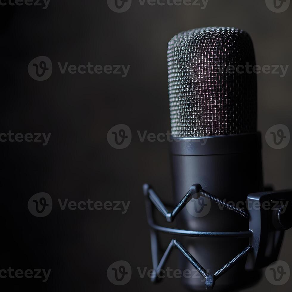 Close-up microphone on the stand wi5h copy space. On a dark background. Professional microphone on stand in recording studio, closeup. Podcast concept. photo