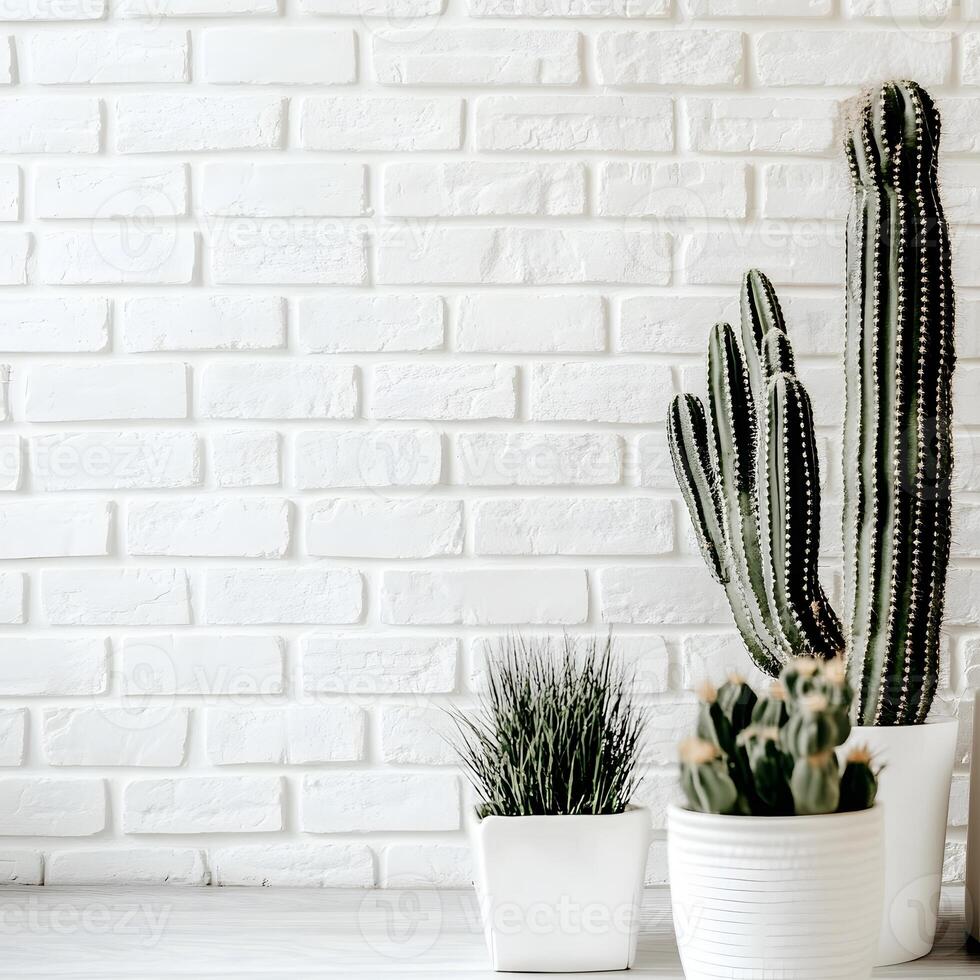 Cactus and succulents in a pot on a white brick wall with copy space. Succulents in pots with copy space. photo