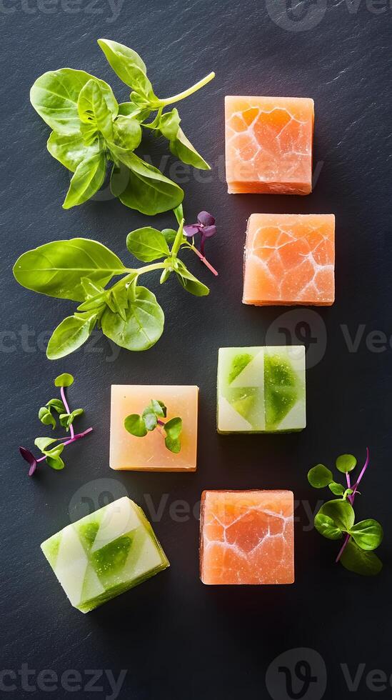 Macro shoot cubes of salmon, tuna, meat with herbs. Modern geometric food presentation in cut cubes. Garnished with fresh leaves and micro herbs. dark background. photo