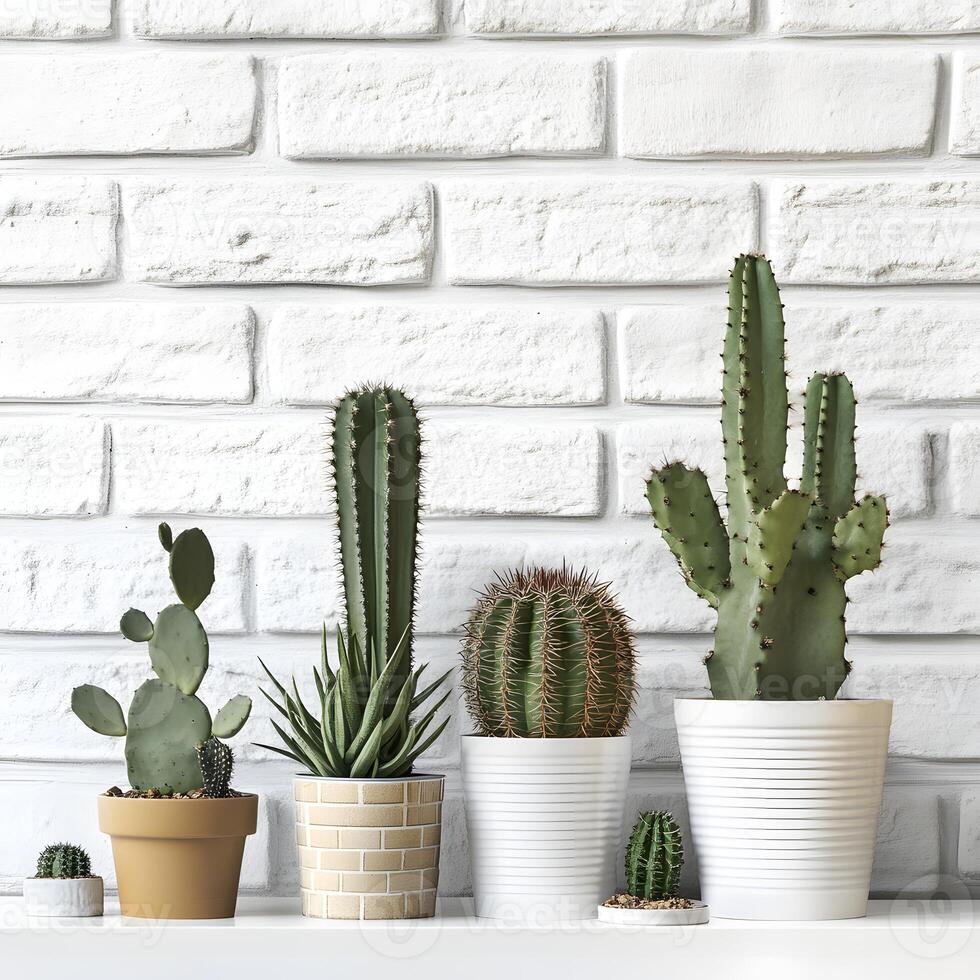 Cactus and succulents in a pot on a white brick wall. Succulents in pots with copy space. Easy plants. photo