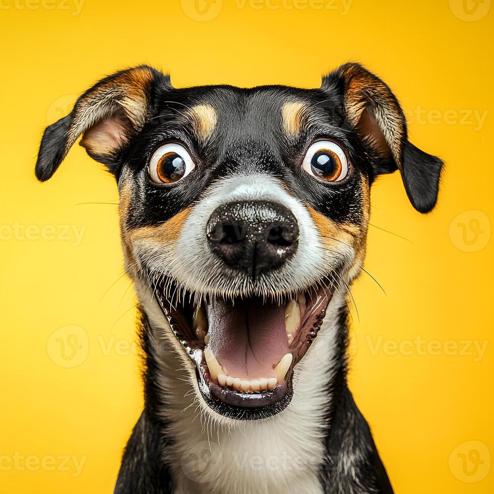 Portrait of the happy face of Jack Russell Terrier dog on a yellow background. photo