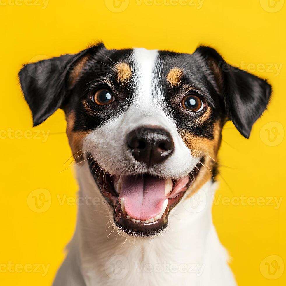 Portrait of a Jack Russell Terrier dog on a yellow background. Funny dog, selective focus. photo