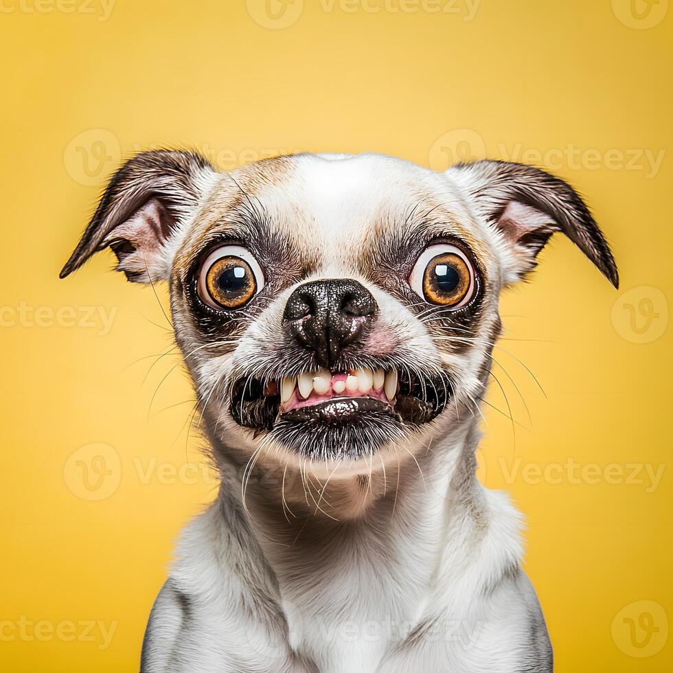 Funny chihuahua dog on a yellow background. Studio shot. photo
