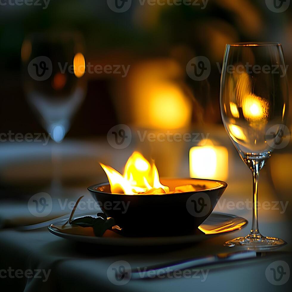 Elegant table setting with burning candles in restaurant. Selective focus. photo