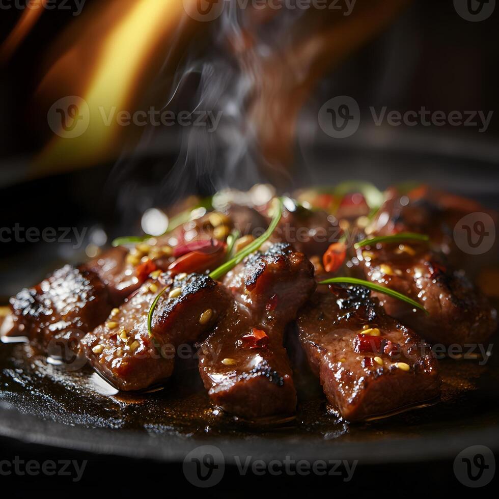 lamb chops with potatoes and vegetables, dark background, selective focus. photo