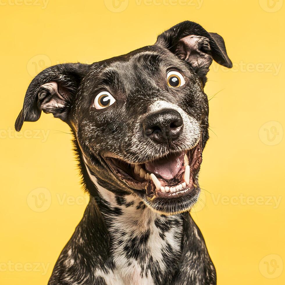 Portrait of a happy black and white staffordshire terrier dog with open mouth on yellow background. photo