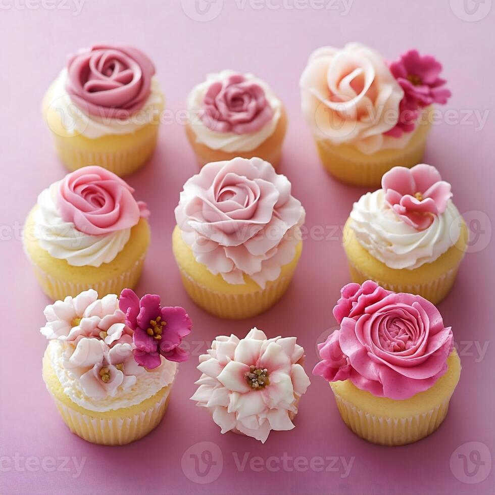 Cupcakes decorated with pink rose flowers on a pink background, square image. Macro close up, selective focus. photo