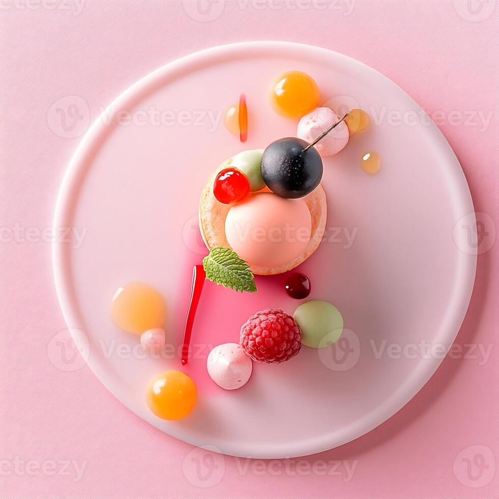 Creative food concept photo of cake made of fruits and berries on pink background. Flat lay, top view.
