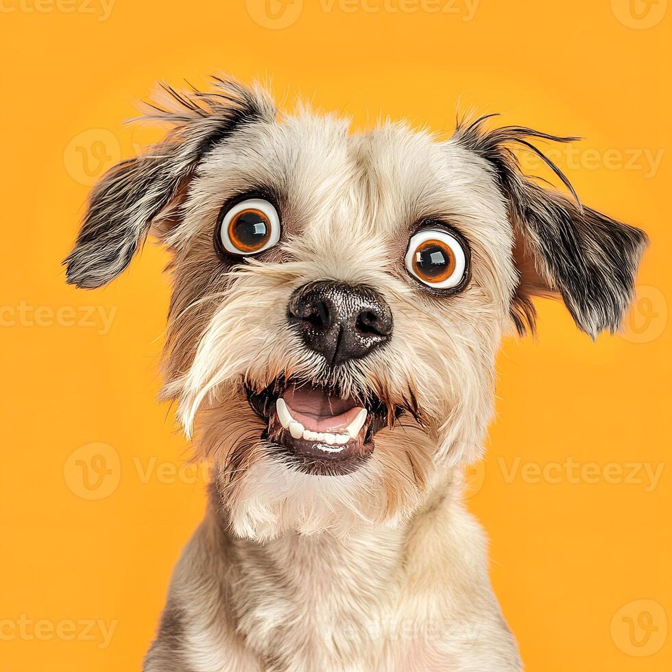 Funny portrait of a white Brussels Griffon dog on a yellow background. Funny dog, selective focus. photo