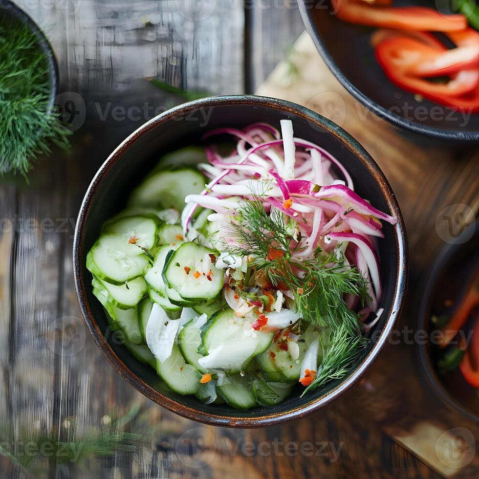 Fresh cucumber salad with red onion and dill in a bowl on a wooden background. Macro close up shoot, selective focus. Dark rustic background. photo