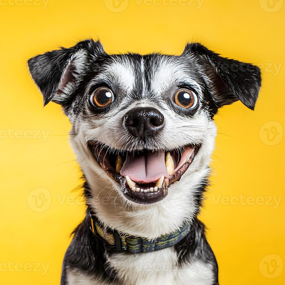 funny black and white chihuahua dog on yellow background. photo