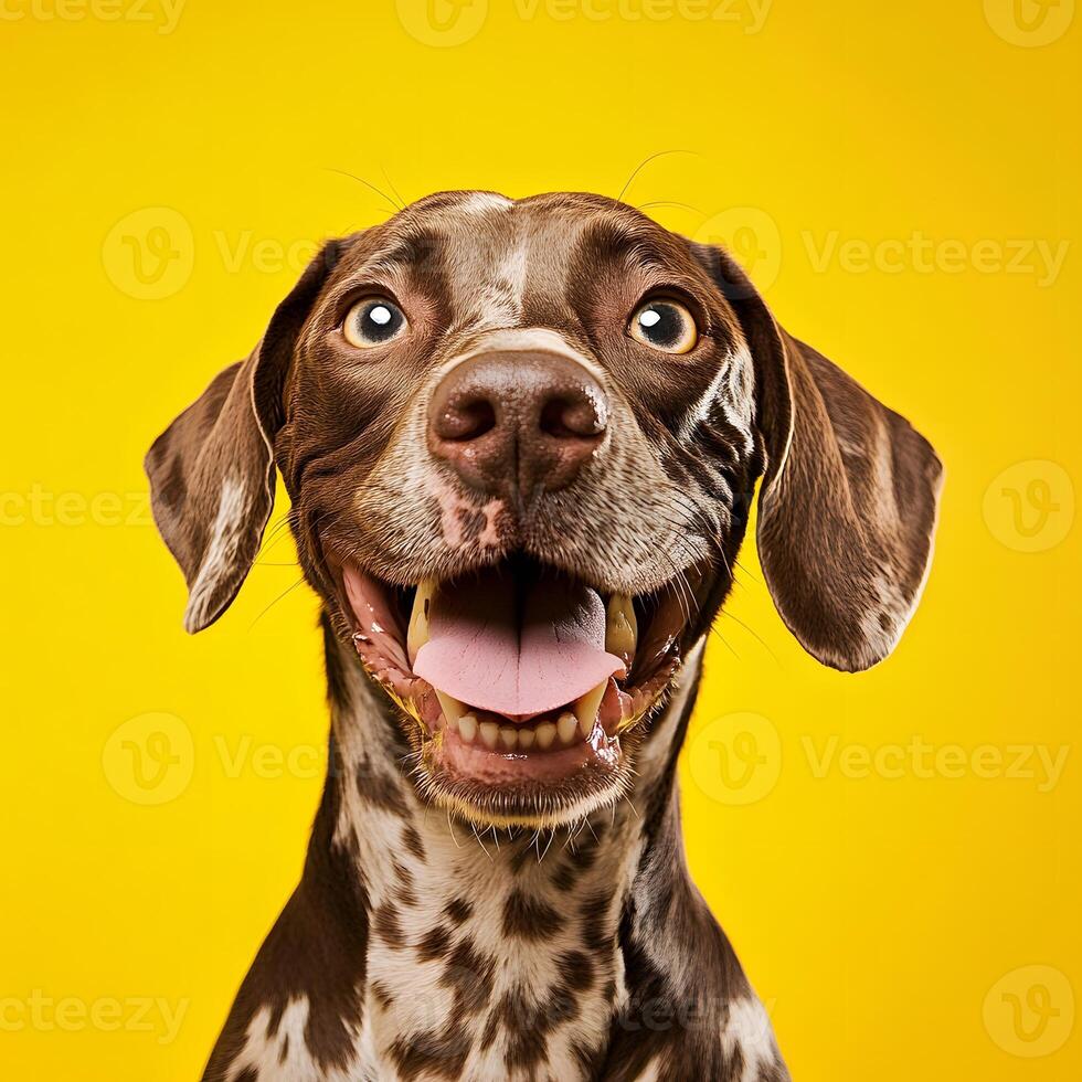German Shorthaired Pointer dog portrait on a yellow background. Portrait of funny dog, selective focus. photo