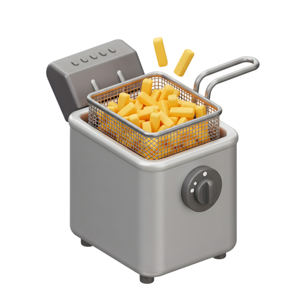 3D Render of a Deep Fryer Filled with Crispy French Fries, Ready to Serve Hot and Delicious png