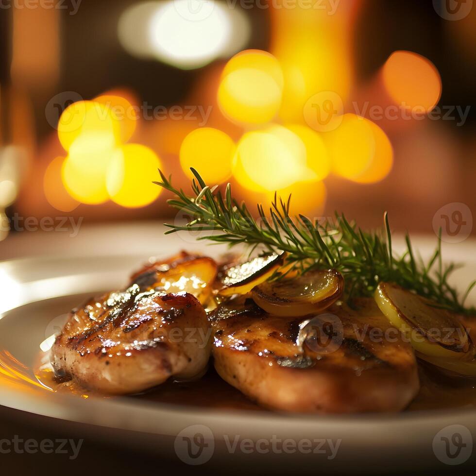 Grilled chicken wings with rosemary on the plate and smoke on a black background. Grilled chicken fillets with onion and dill in a restaurant. photo