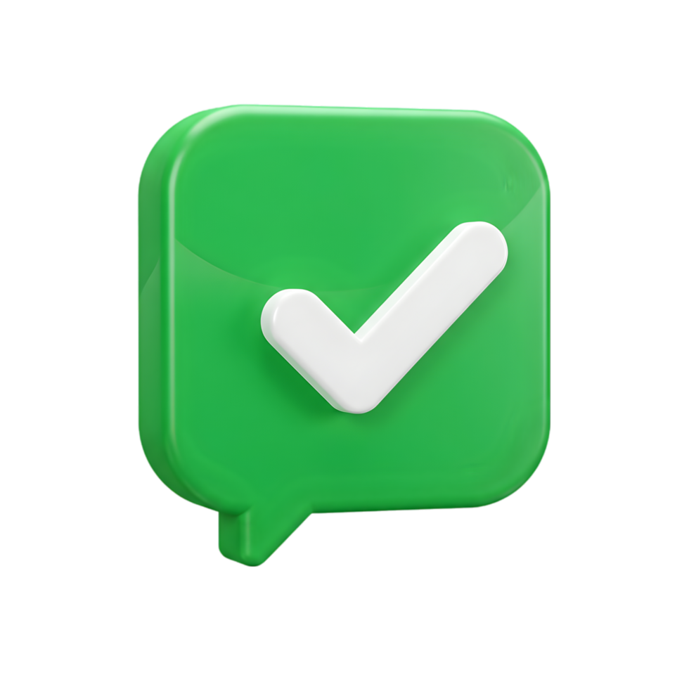 3D Render of a Green Check Mark Chat Bubble Icon Successful Completion Digital Communication Confirmation png