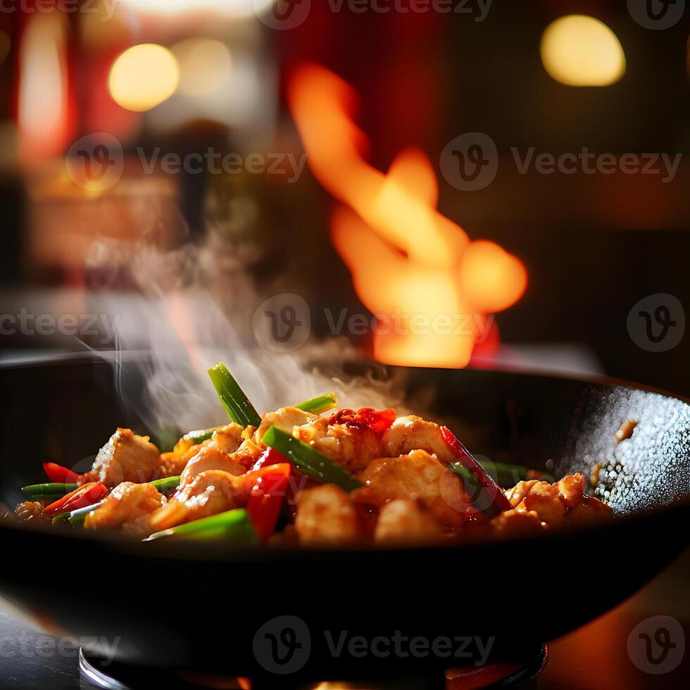 chicken stir fry with vegetables in a pan on the fire background. Selective focus. photo