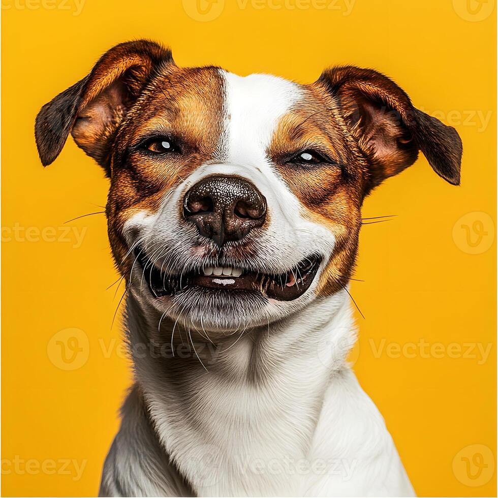 Portrait of a funny Jack Russell Terrier dog on a yellow background. Funny dog, selective focus. photo