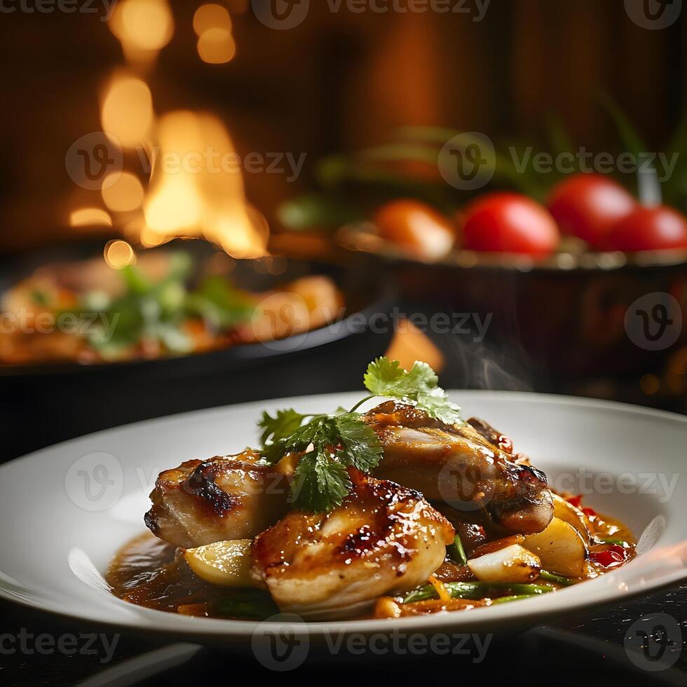 Chicken wings with vegetables on a white plate on a dark background in a restaurant. Selective focus. photo