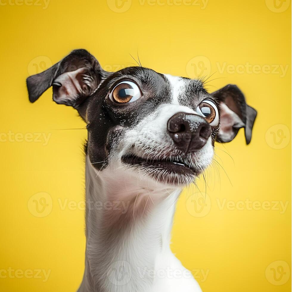 Portrait of a cute black and white dog on a yellow background. Funny face expression. photo
