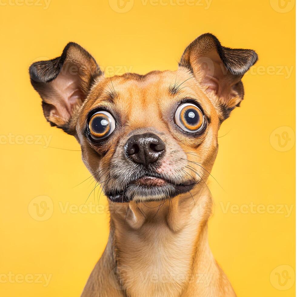 Funny portrait of a dog with big eyes on a yellow background, selective focus. photo