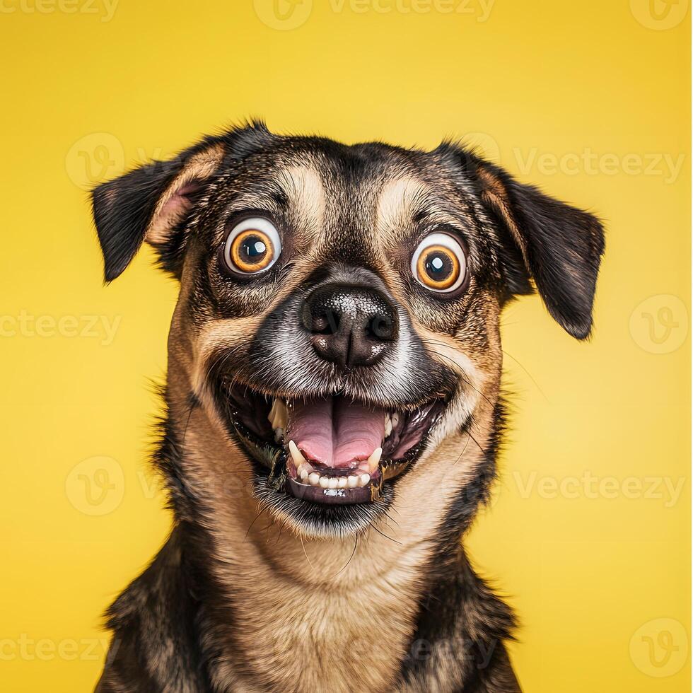 dog Portrait of a happy mixed breed dog with open mouth on yellow background. photo