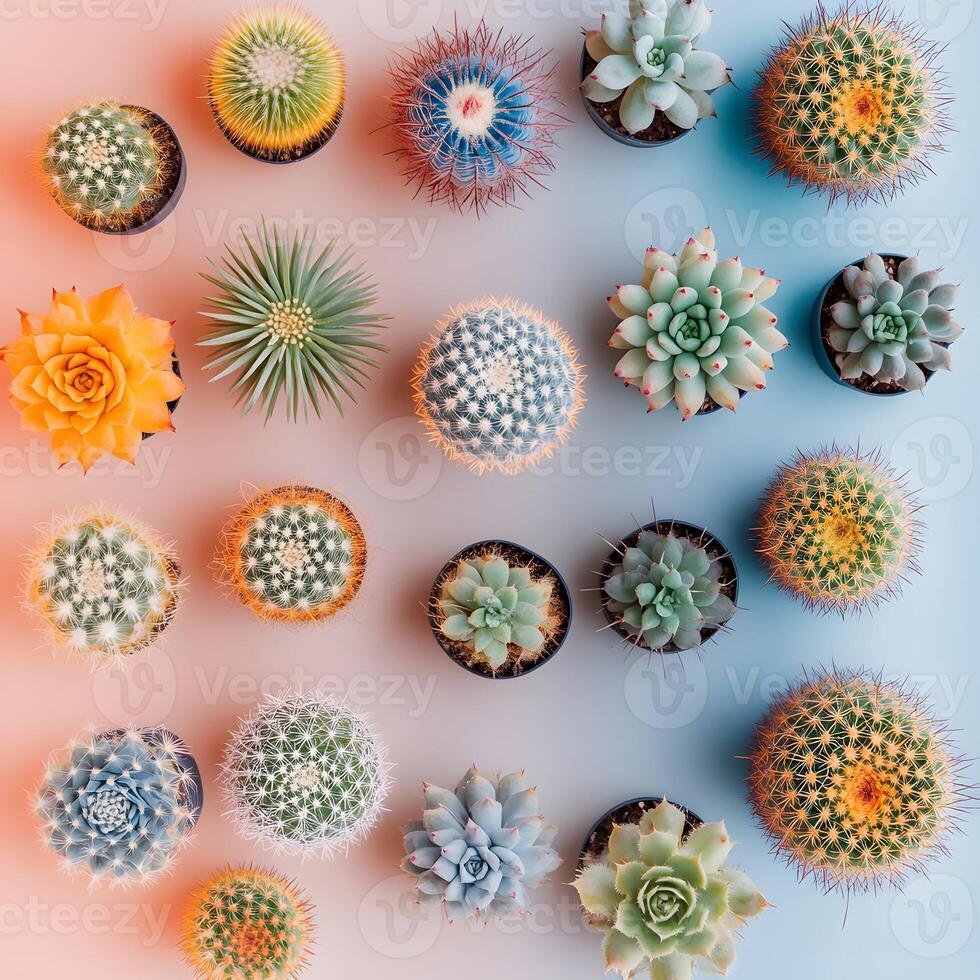Variety of cacti in pots on pink and blue background. Top view, flat lay, selective focus. photo