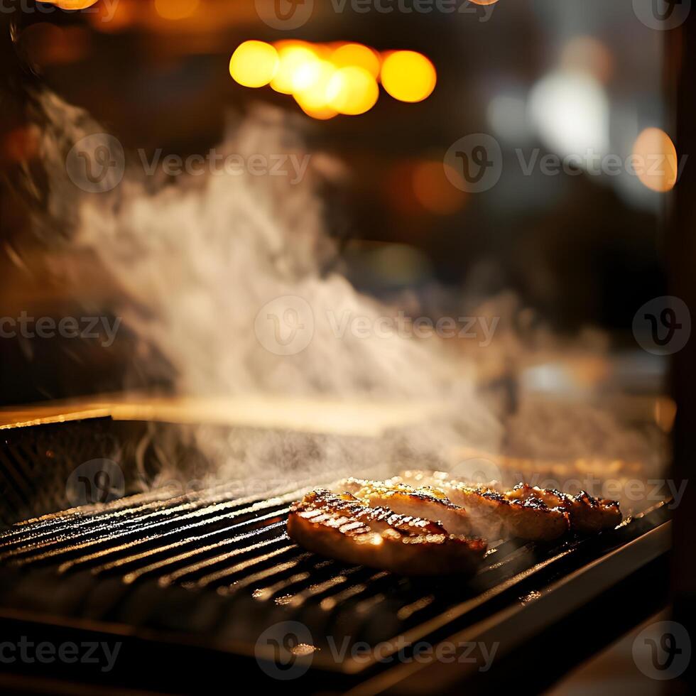 Grilling steaks on a grill in the restaurant. Stake on the grill grate with a smoke. Selective focus. photo