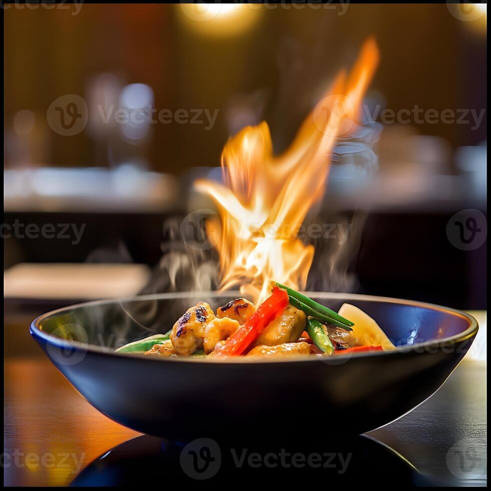 Stir fry chicken with vegetables on a black plate on a dark background with fire. photo