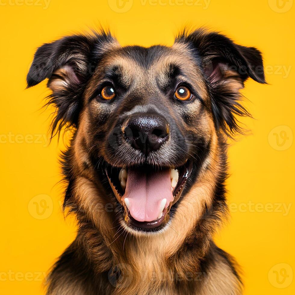 german shepherd dog. Portrait of a happy mixed breed dog on a yellow background. photo