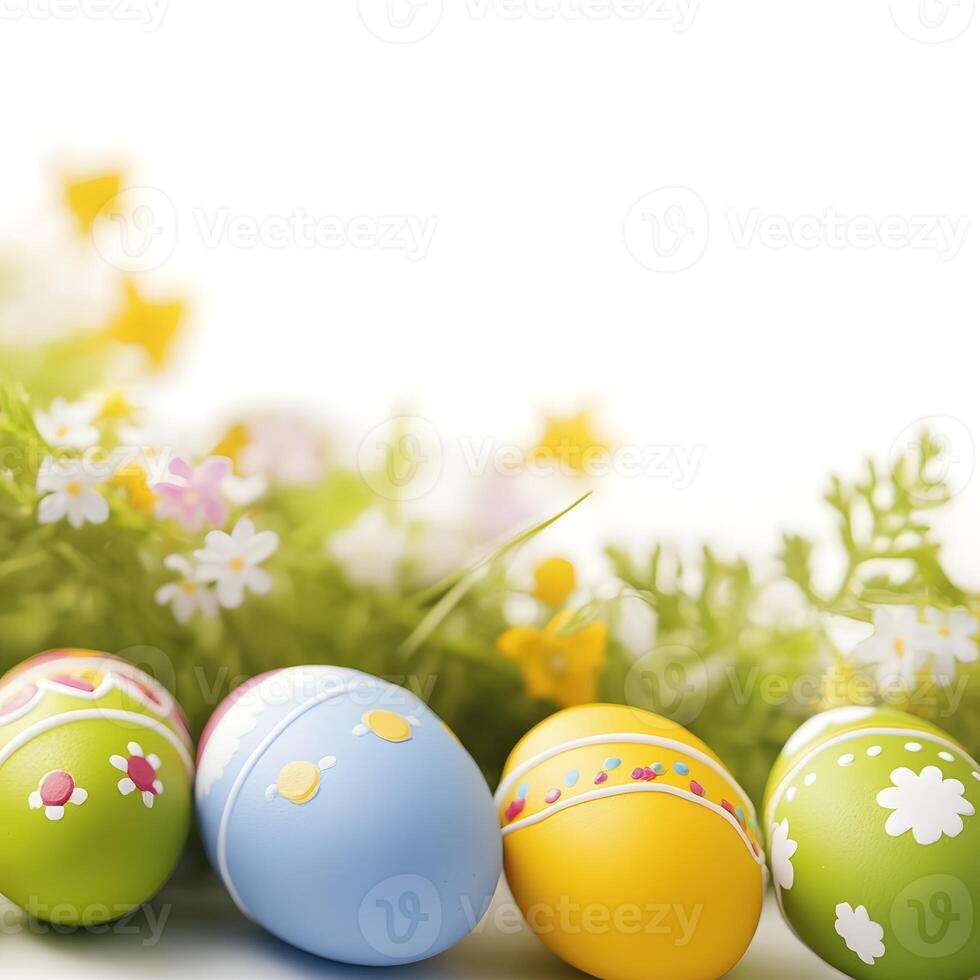 Easter eggs and flowers on white background with copy space for text photo