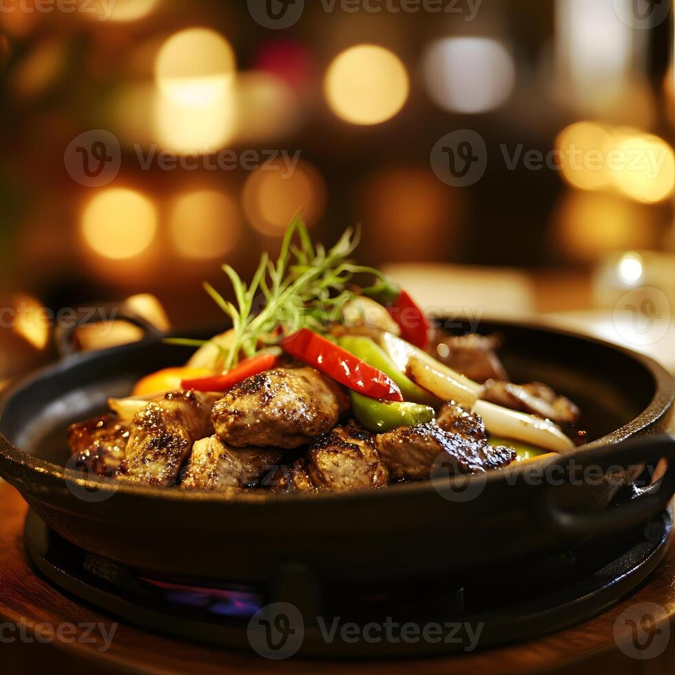 Braised meat with vegetables in a hot pot on a wooden table. Selective focus. photo