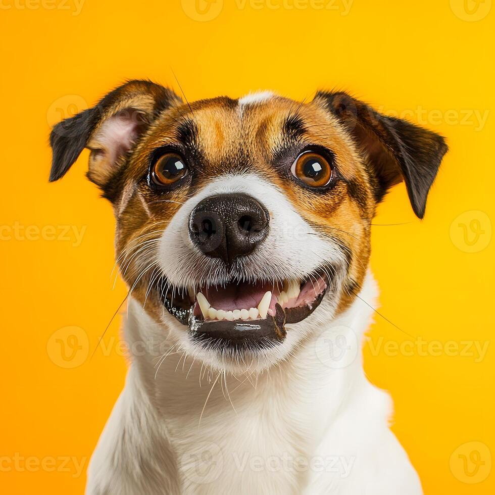 Portrait of a Jack Russell Terrier dog on a yellow background. photo